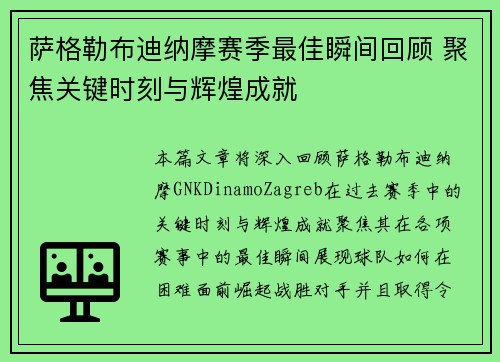 萨格勒布迪纳摩赛季最佳瞬间回顾 聚焦关键时刻与辉煌成就
